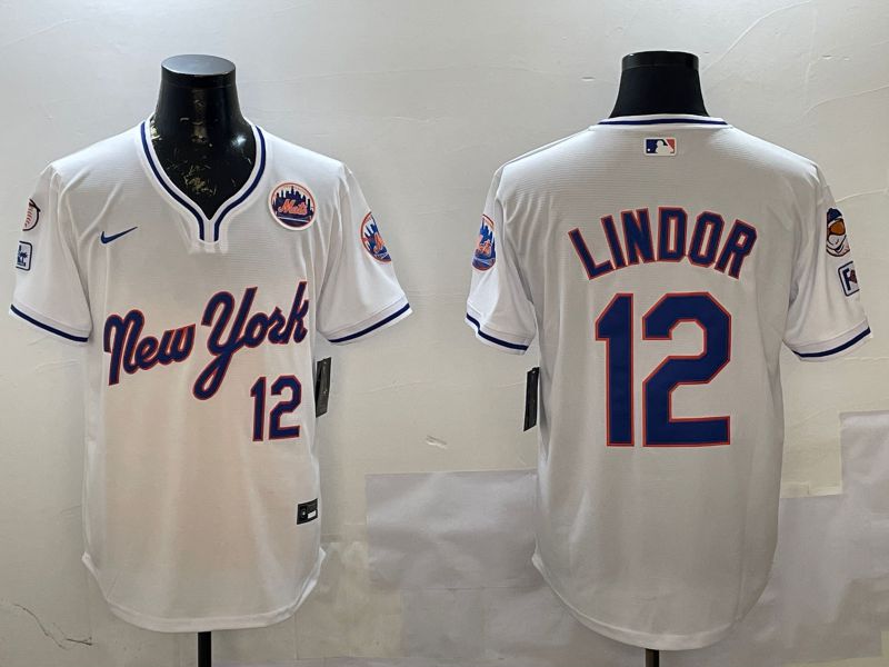 Men New York Mets 12 Lindor White Throwback Game Nike 2025 MLB Jersey style 1